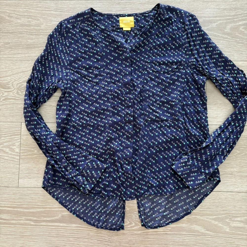 Anthropologie Maeve Womens‎ Navy Blue Bird Print Clara Button Down Blouse Size 6